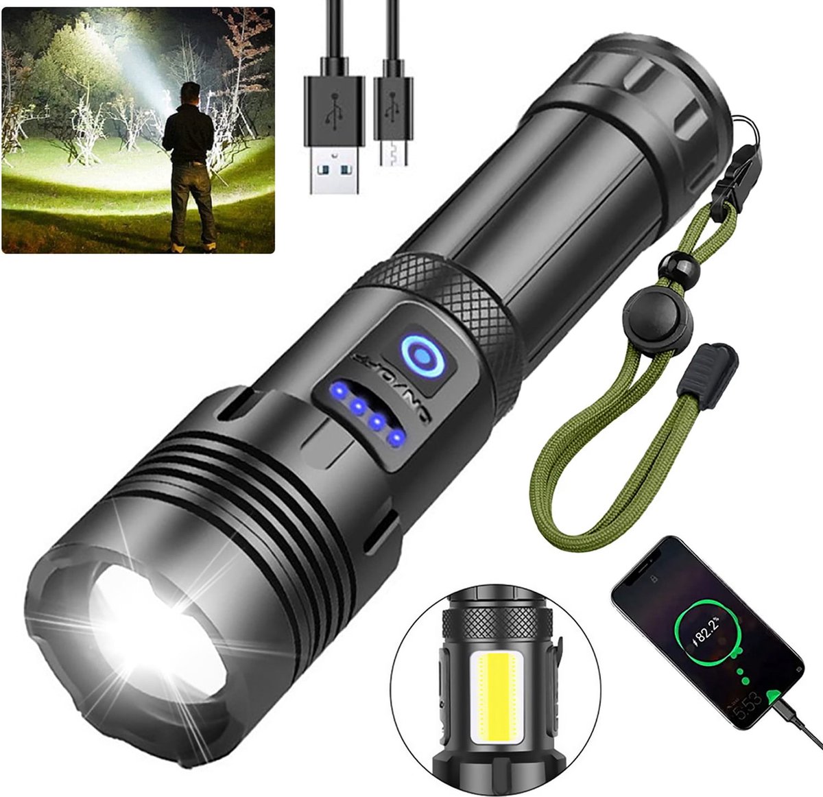 Lampe de poche LED, lampe à main extrêmement lumineuse pour le camping,  l'équipement, l'armée, l'extérieur, mise au point réglable zoomable