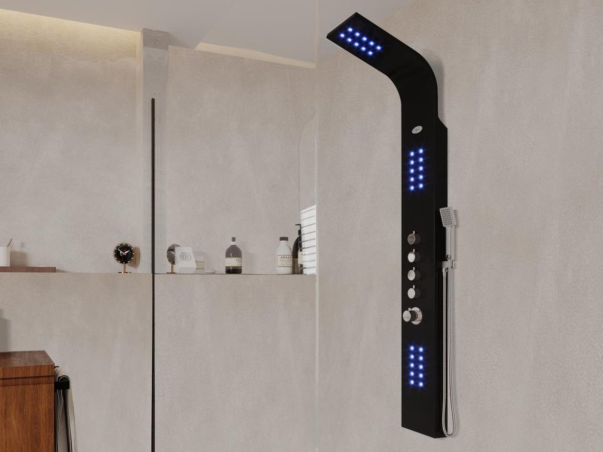 Vente-unique Douchekolom FELICITA met thermostaatkraan, balneotherapie en LED-verlichting - 20*165cm - zwart