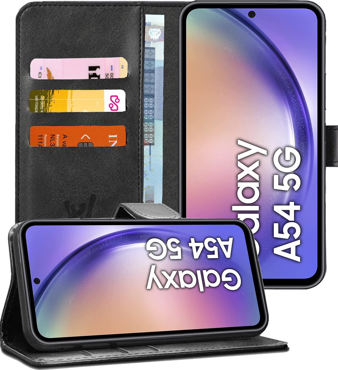 Hoesje geschikt voor Samsung Galaxy A54 - Book Case Kunstleer Pasjeshouder Zwart