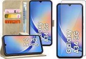 Hoesje geschikt voor Samsung Galaxy A34 - Screen Protector GlassGuard - Book Case Leer Pasjeshouder Goud & Screenprotector