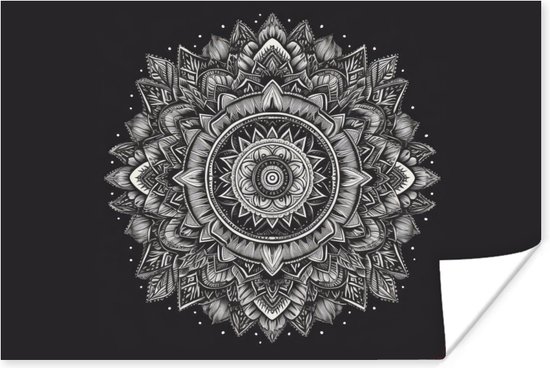 Poster Mandala - Zwart wit - Bloemen - Bohemian - Natuur - 30x20 cm