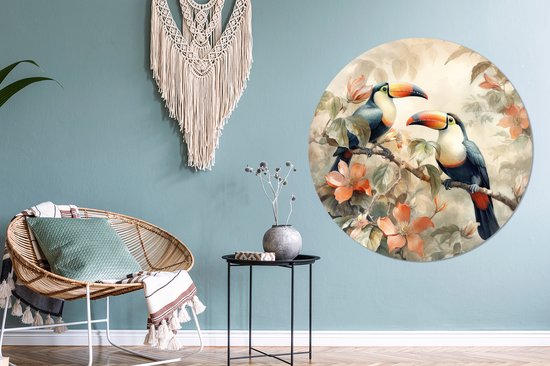 WallCircle - Wandcirkel 120x120 - Toekan - Vogels - Bloemen - Tak - Ronde schilderijen woonkamer - Wandbord rond - Muurdecoratie cirkel - Kamer decoratie binnen - Wanddecoratie muurcirkel - Woonaccessoires XXL