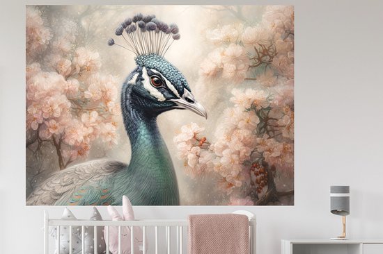 Muurstickers - Sticker Folie - Pauw - Vogels - Bloemen - Boom - Botanisch - 160x120 cm - Plakfolie - Muurstickers Kinderkamer - Zelfklevend Behang XXL - Zelfklevend behangpapier - Stickerfolie