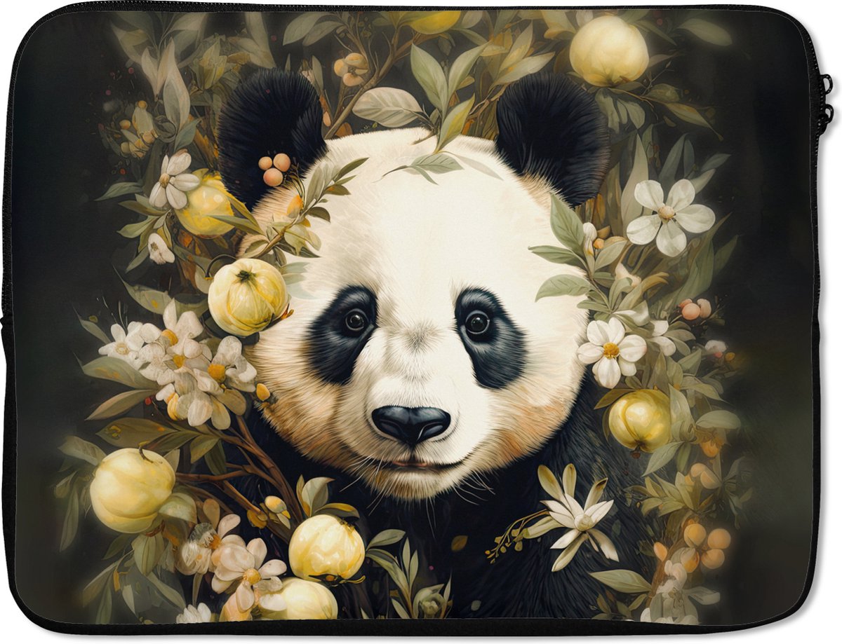 Laptophoes 15.6 inch - Panda - Pandabeer - Wilde dieren - Natuur - Bloemen - Laptop sleeve - Binnenmaat 37x26 cm - Zwarte achterkant