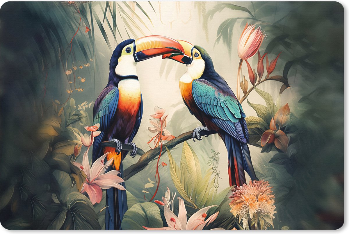 Muismat XXL 90x60 cm - Bureau onderlegger - Bureau mat Toekan - Vogels - Bloemen - Natuur - Jungle - Bureaumat - Gaming mousepad xl - Bureaulegger groot - Computer deskmat