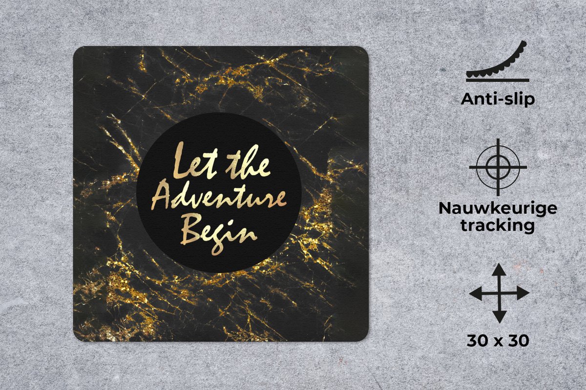 Muismat 30x30 cm - Mousepad Marmer - Goud - Tekst - Marmer printlook - Luxe - Muismatten