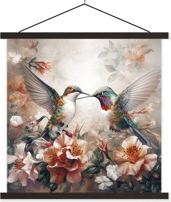 Posterhanger incl. Poster - Schoolplaat - Kolibrie - Vogels - Bloemen - Natuur - 90x90 cm - Zwarte latten