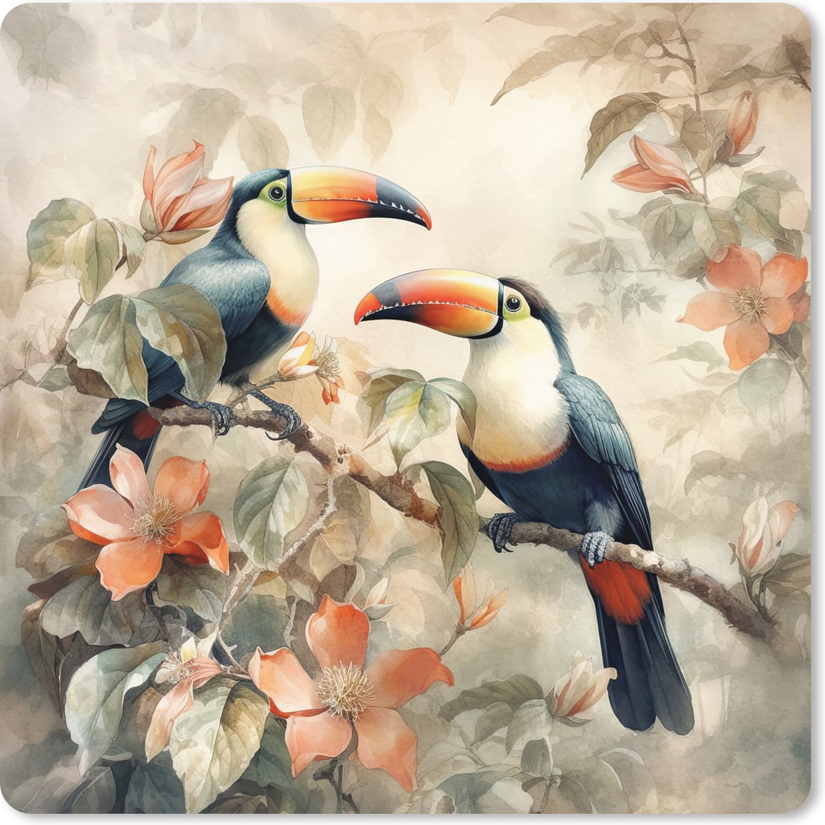 Muismat XXL 50x50 cm - Bureau onderlegger - Bureau mat Toekan - Vogels - Bloemen - Tak - Bureaumat - Gaming mousepad xl - Bureaulegger groot - Computer deskmat