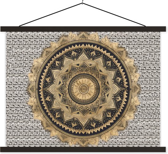 Posterhanger incl. Poster - Schoolplaat - Mandala - Bloem - Goud - Luxe - Bohemian - 150x113 cm - Blanke latten