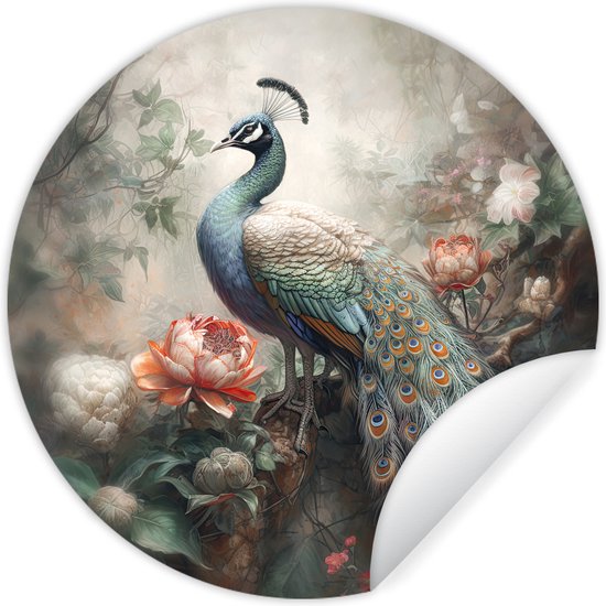 WallCircle - Stickers muraux - Cercle Papier Peint - Paon - Plumes De Paon - Vogel - Jungle - Fleurs - 30x30 cm - Cercle Mural - Auto Adhésif - Autocollant Rond Papier Peint
