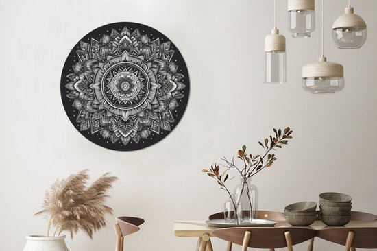 WallCircle - Wall Circle - Wall Circle Indoor - Mandala - Zwart et Blanc - Fleurs - Bohème - Nature - 90x90 cm - Décoration murale - Peintures Ronds