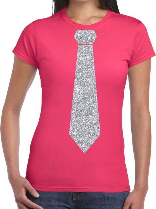 Roze fun t-shirt met stropdas in glitter zilver dames XXL | bol.com