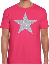 Zilveren ster glitter t-shirt roze heren L