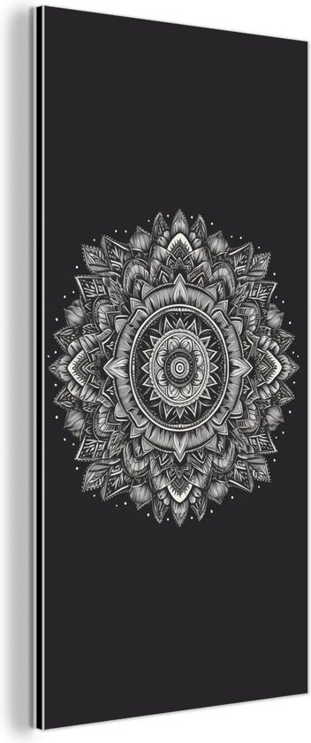 Wanddecoratie Metaal - Aluminium Schilderij Industrieel - Mandala - Zwart wit - Bloemen - Bohemian - Natuur - 20x40 cm - Dibond - Foto op aluminium - Industriële muurdecoratie - Voor de woonkamer/slaapkamer