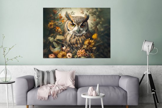 Décoration murale Métal - Peinture Aluminium Industriel - Hibou - Vogels - Fleurs - Nature - 120x90 cm - Dibond - Photo sur aluminium - Décoration murale industrielle - Pour le salon/chambre