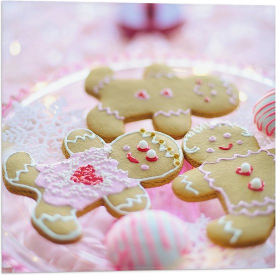 Vlag - Speculaas Poppetjes Versiert met Roze Glazuur en Kraaltjes - 50x50 cm Foto op Polyester Vlag