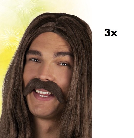 3x Snor Hippie bruin - 70s and 80s disco peace flower power happy together toppers