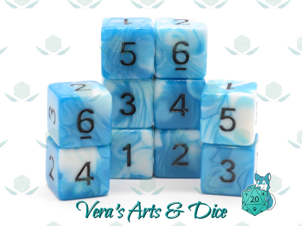 10D6 | Dobbelstenen - Set Van 10 Stuks - Blauw Wit en Zwart | Voor D&D en Andere Rollenspellen | Plastic Dobbelstenen Set voor Dungeons and Dragons | RPG | Zwarte Velvet Dice Bag voor Ongeveer 3 Sets