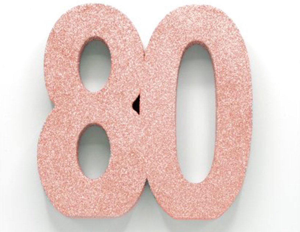 Tafeldecoratie verjaardag 80 rosegoud.