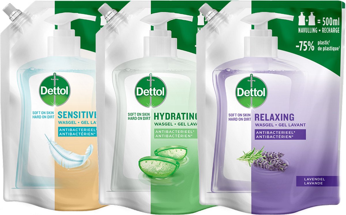 Dettol - 1x Dettol Refill Hydrating Aloe Vera 500ML - 1 x Dettol Refill Sensitive 500ML - 1x Dettol Refill Relaxing Lavender 500ML - Voordeelpakket