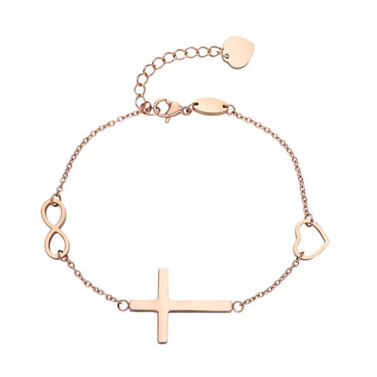 Christelijke goudkleurige armband met kruis, infinity en hart - christelijk sieraad - cadeau - Jezus - God - kado - geloof - vrouw - christuals