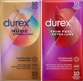 Durex - 20 Condooms voor extra sensatie - Nude Extra Dun en Lube 10st - Thin Feel Dun en Extra Lube 10st