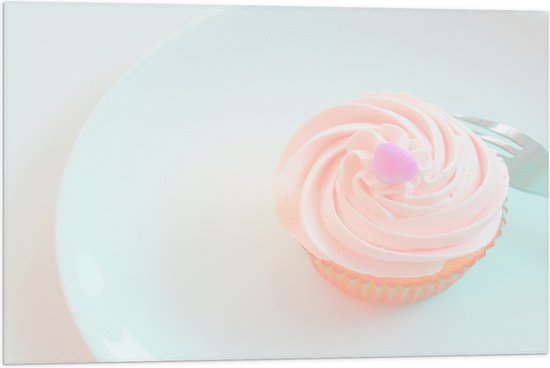 Vlag - Roze Cupcake op Bordje met Vork - 75x50 cm Foto op Polyester Vlag