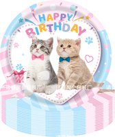 24 kartonnen bordjes Happy Cats pastel doorsnede 23 cm - kat - poes - huisdier - dier - bord - happy birthday - verjaardag - kitten - kinderfeest