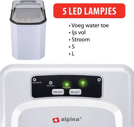 alpina Ijsblokjesmachine - Ijsblokmaker - 2 Formaten Ijsblokken - Productie in 10-12 Minuten - Transparante Deksel - Wit — afbeelding 2