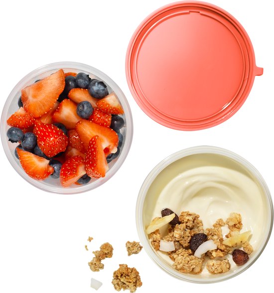 Récipient rose avec des fruits, couvercle rose séparé et récipient avec du yaourt et des mueslis. Muesli en vrac à côté.