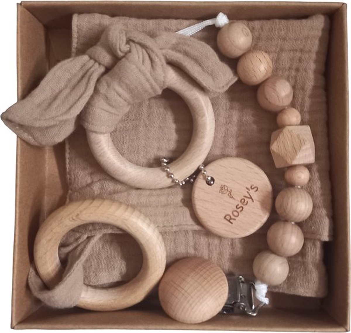 Goedkoopste Rosey's - baby giftset Taupe - bijtring - speenkoord - knuffeldoekje - kraamcadeau - babyshower baby speelgoed 0 jaar - babyshower - Geschenkset Baby - Kraamcadeau Meisje - Kraamcadeau Jongen - Geboorte Cadeau - Baby Geschenkset - Kraampakket