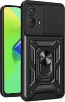 Hoesje met Camera Slider Geschikt voor de Motorola Moto G53 - Back Cover met Standaard - Uitklapbare Kickstand Ring - Beschermhoes TPU - Magneet voor Auto Houder Zwart