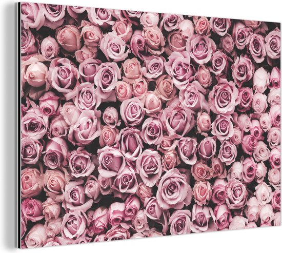 Wanddecoratie Metaal - Aluminium Schilderij Industrieel - Bloemen - Rozen - Natuur - Roze - Botanisch - 150x100 cm - Dibond - Foto op aluminium - Industriële muurdecoratie - Voor de woonkamer/slaapkamer