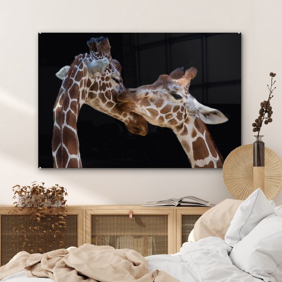 Glasschilderij - Giraffe - Dieren - Zwart - Portret - Glazen plaat - Schilderij glas - Wanddecoratie - 90x60 cm - Foto op glas