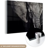 Glasschilderij - Olifant - Dieren - Portret - Zwart - Wit - Foto op glas - 120x80 cm - Muurdecoratie - Glazen plaat - Schilderij glas