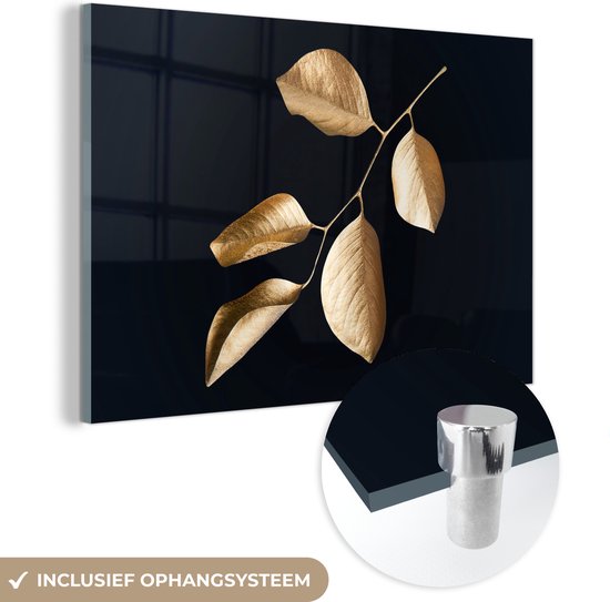 MuchoWow® Peinture sur verre 120x80 cm - Peinture sur verre - Feuilles - Branche - Or - Luxe - Photo sur verre acrylique - Peintures