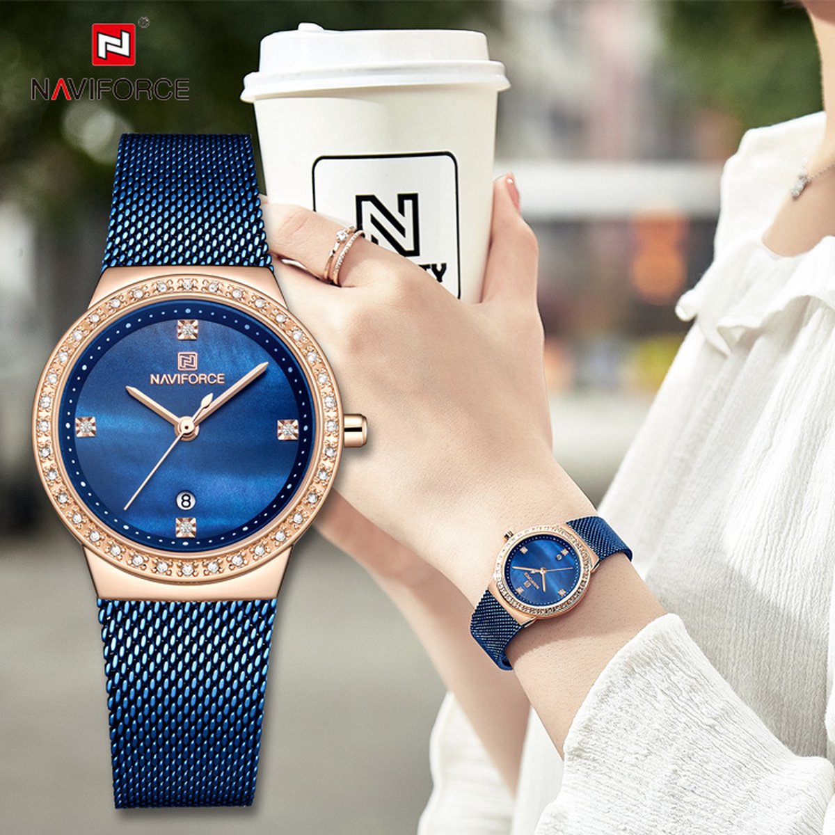NAVIFORCE horloge met blauwe metalen polsband, blauwe wijzerplaat en rosé gouden horlogekast voor dames met stijl ( model 5005 RGBE )