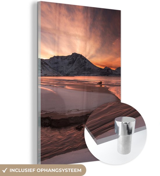 Peinture sur verre - Montagnes - Neige - Paysage - Coucher de soleil - Oranje - Photo sur verre - 40x60 cm - Peinture sur verre - Plaque de Verres - Décoration murale