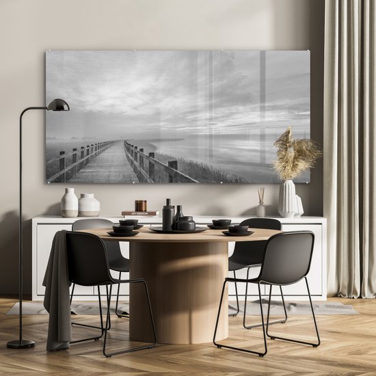 Peinture sur verre - Pont - Mer - Zwart - Wit - Nature - Peinture sur Verres - 160x80 cm - Photo sur verre - Décoration murale