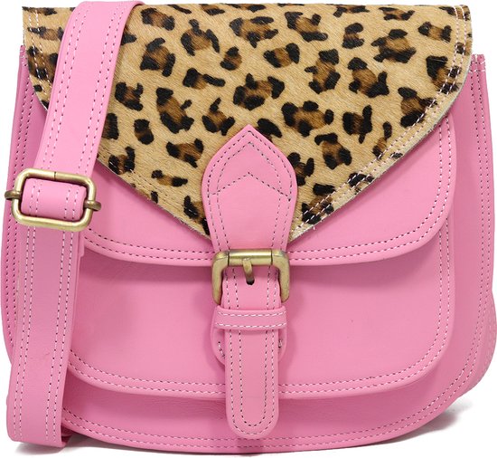 Roze schoudertas Dian van leer - animalprint op klep - damestas recycled leder - crossbody - SIT1117 STUDIO Ivana