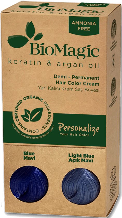 Blauw / Licht Blauw Demi Permanent - Natuurlijke Haarkleuring - Biologische Haarverf- verrijkt met Keratine en Arganolie, zonder Ammoniak, PPD en Resorcinol - Dierproefvrij - Organic - Personalize Your Hair Color With BioMagic Haarverf