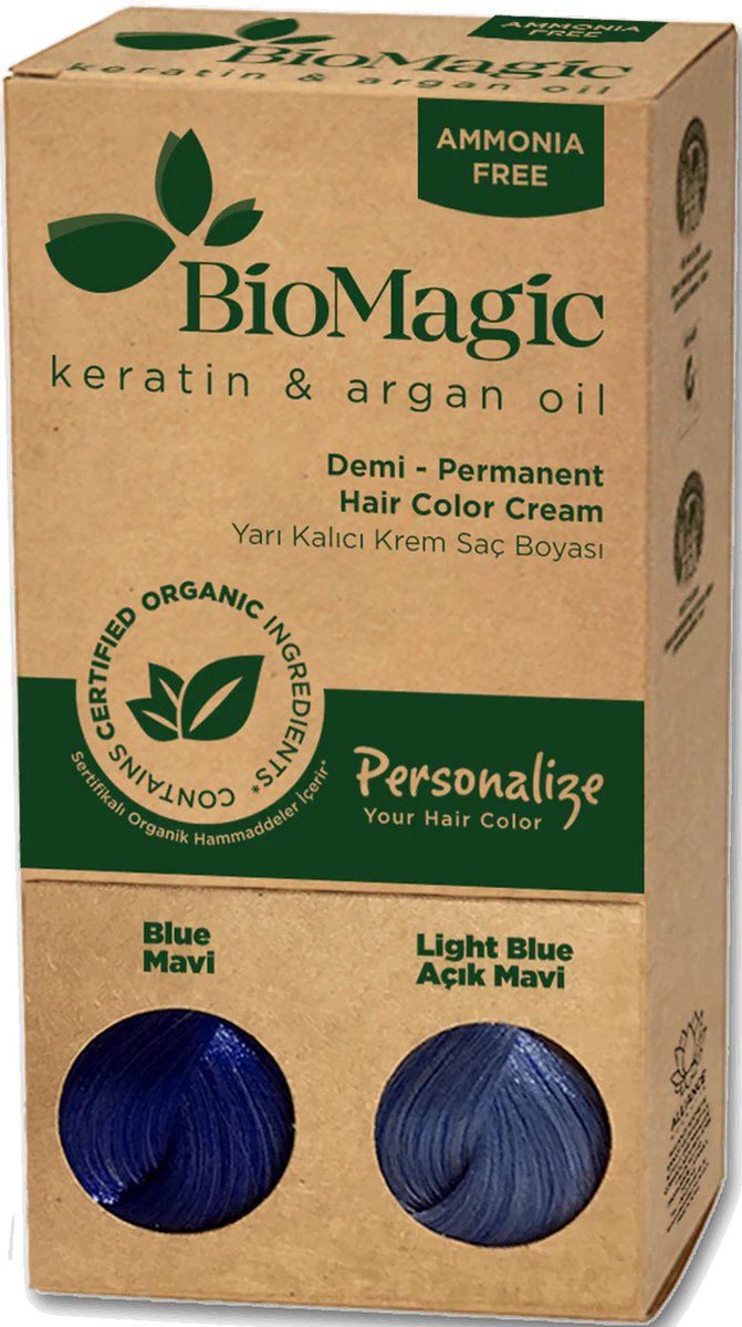 Blauw / Licht Blauw Demi Permanent - Natuurlijke Haarkleuring - Biologische Haarverf- verrijkt met Keratine en Arganolie, zonder Ammoniak, PPD en Resorcinol - Dierproefvrij - Organic - Personalize Your Hair Color With BioMagic Haarverf