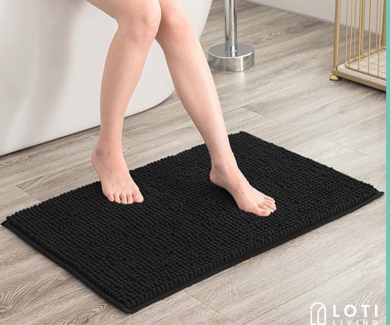 Loti Living Badmat Antislip – Douchemat – Badmat Badkamer – Vloermat - Chenille badmat - Zwart - 50x80 cm