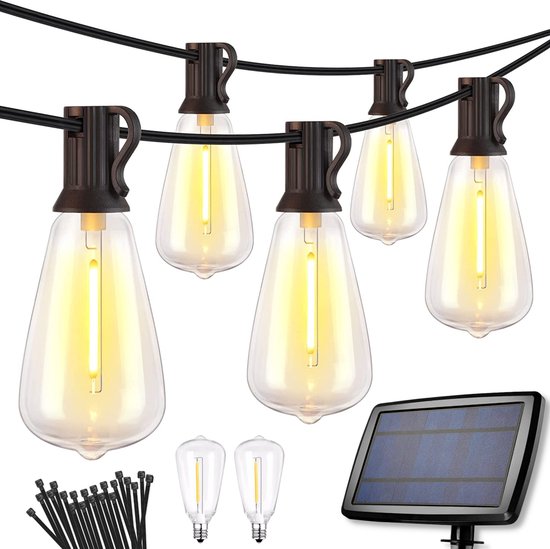 Partizzle 15m LED Lichtsnoer Edison op Zonneenergie - 25 Lampjes Slinger - Waterdicht Camping en Tuinverlichting - Solar Lichtslinger voor Buiten - 2700k / Warm Wit