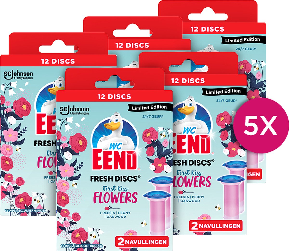 Goedkoopste WC Eend Fresh Discs First Kiss Flowers navullingen - Limited Edition Geur - Toiletblokken - 5 x 72 ml - 60 Fresh Discs