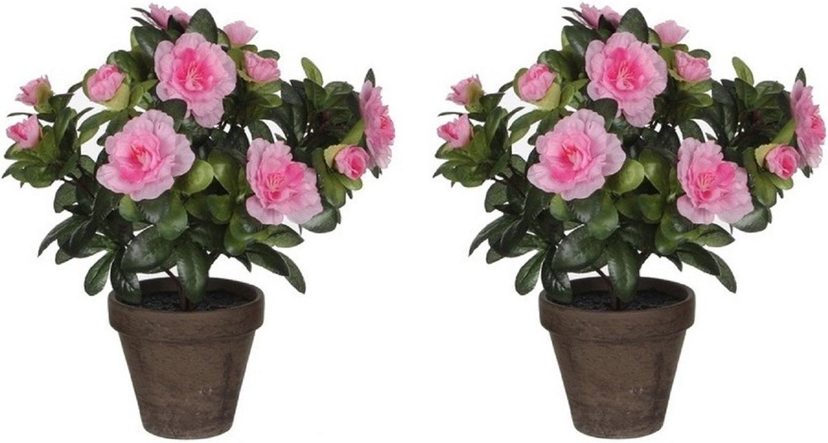 Mica Decorations Kunstplant - 3x - Azalea - groen/lichtroze - 27 cm - Met mooie bloemen