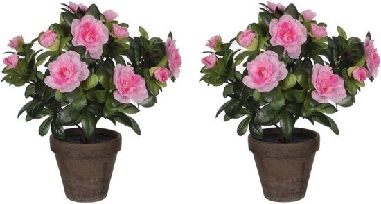 3x stuks groene Azalea kunstplanten met roze bloemen 27 cm in pot stan grey - Kunstplanten/nepplanten