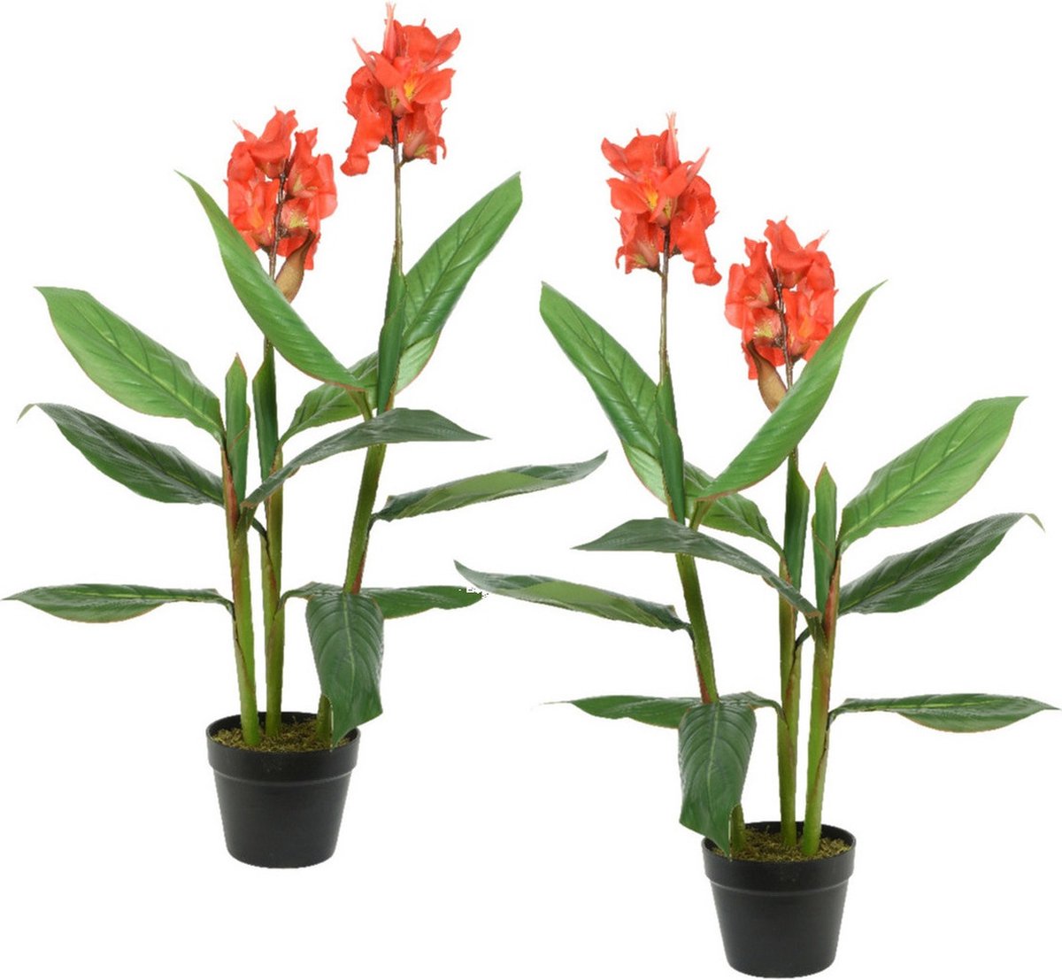Bellatio Flowers & Plants Set van 2x stuks Canna Bloemriet kunstplanten in pot 89 cm - Kunstplanten/nepplanten - Kantoorplanten/woonkamer planten Oranje