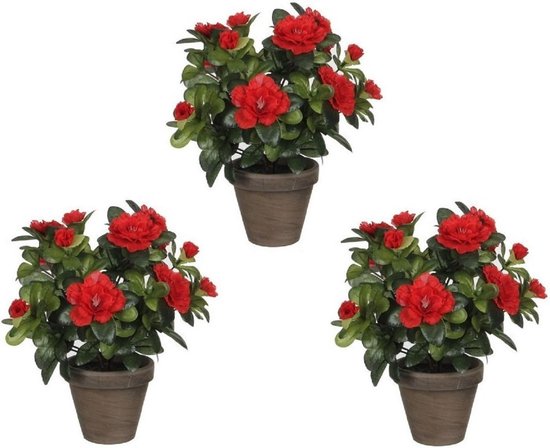 Set van 3x stuks groene Azalea kunstplanten rode bloemen 27 cm in pot stan grey - Kunstplanten/nepplanten