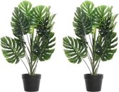 2x Groene Monstera/gatenplanten kunstplanten 70 cm in zwarte plastic pot - Kamerplant kunstplanten/nepplanten